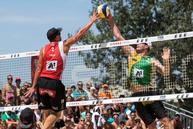 Beach volleyball Beachvolleyball - FIVB World Championships 2017 VIENNA,AUSTRIA,02.AUG.17 - BEACH VOLLEYBALL - FIVB World Championships, men. Image shows Alison Conte Cerutti (BRA) and Edgards Tocs (LAT). GEPAxpictures xMaticxKlansek
