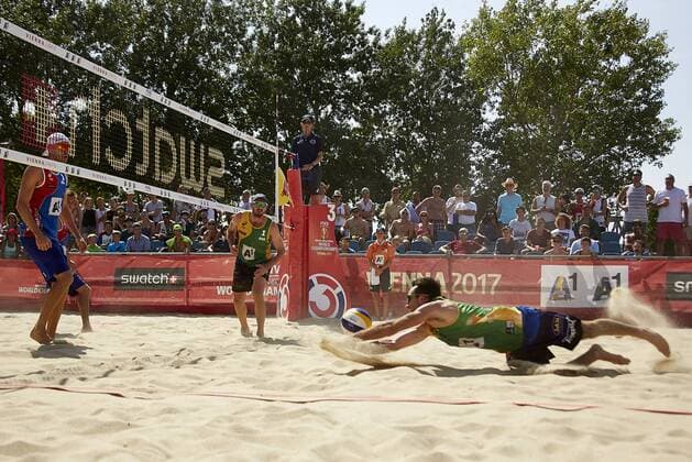 VIENNA, AUSTRIA - AUGUST 03: Damien Schumann of Australia in action during Day 7 of the FIVB Beach volleyball Beachvolleyball World Championships 2017 on August 3, 2017 in Vienna, Austria. (Photo by Mike Ranz Hoch Zwei) Vienna Austria xHOCHxZWEIx