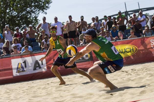 VIENNA, AUSTRIA - AUGUST 03: Damien Schumann and Christopher McHugh of Australia in action during Day 7 of the FIVB Beach volleyball Beachvolleyball World Championships 2017 on August 3, 2017 in Vienna, Austria. (Photo by Michael Kunkel Hoch Zwei) Vienna Austria xHOCHxZWEIx