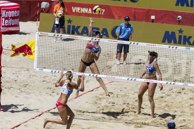 VIENNA, AUSTRIA - AUGUST 03: Marketa Slukova of Czech Republic competes against Lauren Fendrick of the United States during Day 7 of the FIVB Beach volleyball Beachvolleyball World Championships 2017 on August 3, 2017 in Vienna, Austria. (Photo by Michael Kunkel Hoch Zwei) Vienna Austria xHOCHxZWEIx