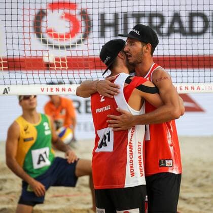 Beach volleyball Beachvolleyball - FIVB World Championships 2017 VIENNA,AUSTRIA,03.AUG.17 - BEACH VOLLEYBALL - FIVB World Championships, men. Image shows the rejoicing of Martin Ermacora and Moritz Pristauz (AUT). GEPAxpictures xMaticxKlansek
