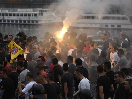 Fans of Crvena Zvezda Belgrade in action prior to the Football Champions League third qualifying round s return match: Sparta Praha vs Crvena Zvezda Belgrade in Prague, Czech Republic, April 3, 2018. (CTKxPhoto MichalxKrumphanzl) CTKPhotoP201708030769101  _KRU0798