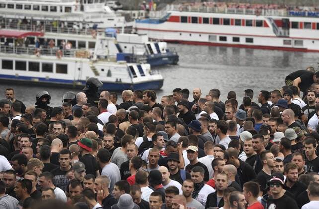 Fans of Crvena Zvezda Belgrade in action prior to the Football Champions League third qualifying round s return match: Sparta Praha vs Crvena Zvezda Belgrade in Prague, Czech Republic, April 3, 2018. (CTKxPhoto MichalxKrumphanzl) CTKPhotoP201708030850601  kru 3