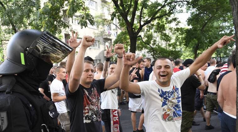 Fans of Crvena Zvezda Belgrade in action prior to the Football Champions League third qualifying round s return match: Sparta Praha vs Crvena Zvezda Belgrade in Prague, Czech Republic, April 3, 2018. (CTKxPhoto MichalxKrumphanzl) CTKPhotoP201708030853201  kru 8 K