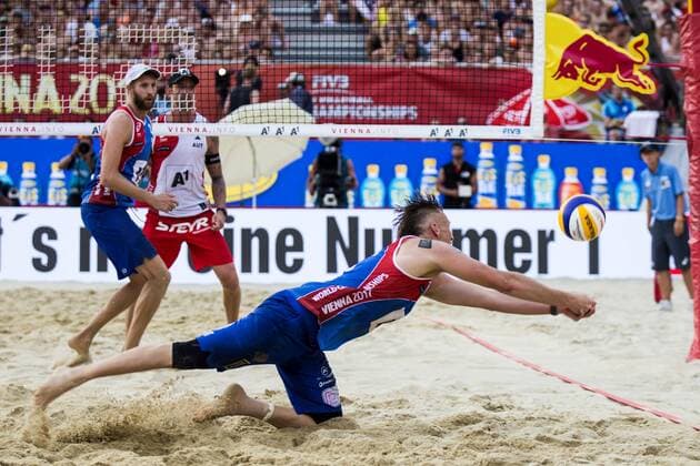 VIENNA, AUSTRIA - AUGUST 03: Casey Patterson of the United States in action during Day 7 of the FIVB Beach volleyball Beachvolleyball World Championships 2017 on August 3, 2017 in Vienna, Austria. (Photo by Michael Kunkel Hoch Zwei) Vienna Austria xHOCHxZWEIx