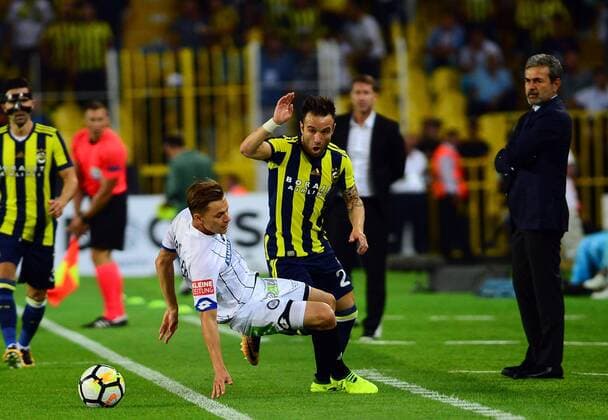 Mathieu Valbuena (R) of Fenerbahce and Stefan Hierlander of Sturm Graz during the UEFA Europa League second leg match between Fenerbahce and Sturm Graz at Ulker Stadium in Istanbul , Turkey on 03 August 2017. 