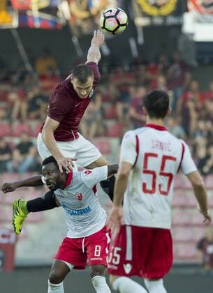 From left soccer players Lukas Stetina (top) of Sparta and Guelor Kanga (left) of Crvena Zvezda Belgrade in action during the Football Champions League third qualifying round s return match: Sparta Praha vs Crvena Zvezda Belgrade in Prague, Czech Republic, August 3, 2017. (CTKxPhoto VitxSimanek) CTKPhotoP201708030885401  VIS 003