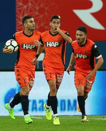 ST PETERSBURG, RUSSIA - AUGUST 3, 2017: Bnei Yehuda Tel Aviv s Roei Gordana, Almog Buzaglo and Stav Finish (L-R) in the second leg of the UEFA Europa League Third qualifying round tie against Zenit St Petersburg at Krestovsky Stadium. Peter Kovalev TASS  TS05A116