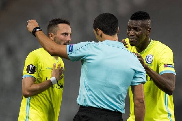 Gent s Danijel Milicevic, Referee Nicolas Rainville and Gent s Kalifa Coulibaly pictured during a soccer game between Austrian team SC Rheindorf Altach and Belgian club KAA Gent, the return leg of the third qualifying round for the UEFA Europa League competition, Thursday 03 August 2017 in Altach, Austria. The first leg resulted in a 1-1 draw. JASPERxJACOBS  x05143194x