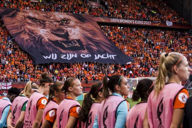 ENSCHEDE - 03-08-2017 , voetbal , WEURO 2017 halve finale , Stadion Grolsch Veste , seizoen 2017 2018 , Nederland - Engeland , sfeerbeeld spandoek oranje supporters Nederland - Engeland  x1661932x