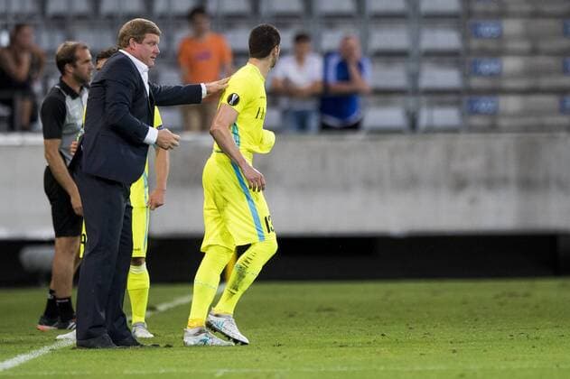 Gent s head coach Hein Vanhaezebrouck and Gent s Stefan Mitrovic reacts during a soccer game between Austrian team SC Rheindorf Altach and Belgian club KAA Gent, the return leg of the third qualifying round for the UEFA Europa League competition, Thursday 03 August 2017 in Altach, Austria. The first leg resulted in a 1-1 draw. JASPERxJACOBS  x05143215x