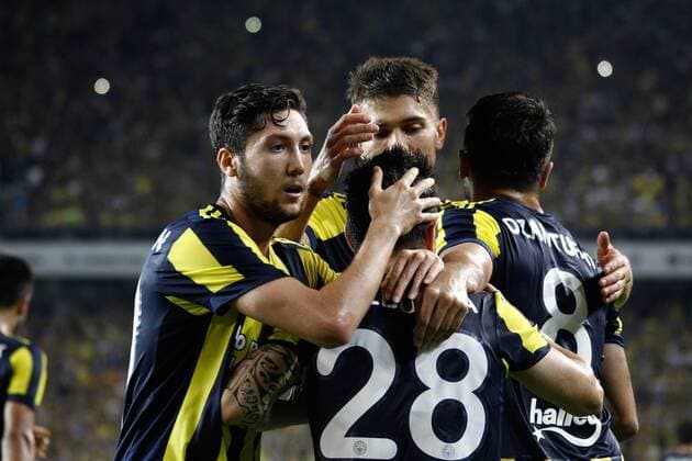 Fenerbahce players celebrate their goal during the UEFA Europa League third qualifying round second match between Fenerbahce and Sturm Graz at Fenerbahce s Ulker Stadium in Istanbul on August 3, 2017.  Copyright: CANxEROK 030817FENER21