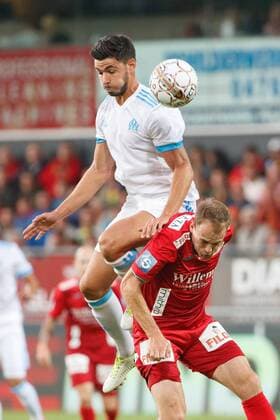 Marseille s Rolando and Oostende s Brecht Capon fight for the ball during a soccer game between Belgian team KV Oostende and French club Olympique de Marseille, the return leg of the third qualifying round for the UEFA Europa League competition, Thursday 03 August 2017 in Oostende. Marseille won the first leg with a 4-2 score. KURTxDESPLENTER  x05143304x