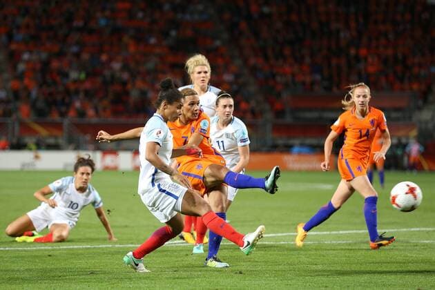 Demi Stokes of England women, Shanice van de Sanden of Holland Women, Jade Moore of England women during the semi-final UEFA WEURO 2017 match between The Netherlands and England at the Grolsch Veste on August 3, 2017 in Enschede, the Netherlands Women: The Netherlands v England UEFA WEURO 2017 2017 2018 xVIxVIxImagesx xTomxBodexMultimediaxIVx 8380876