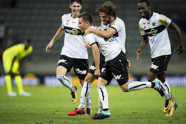 Altach s Stefan Nutz celebrates after scoring during a soccer game between Austrian team SC Rheindorf Altach and Belgian club KAA Gent, the return leg of the third qualifying round for the UEFA Europa League competition, Thursday 03 August 2017 in Altach, Austria. The first leg resulted in a 1-1 draw. JASPERxJACOBS  x05143360x