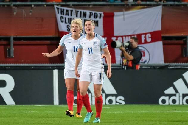 Netherlands Women v England Women UEFA Women s Euros 2017 Millie Bright (left) and Jade Moore of England try to raise their team mates spirits after Danielle van de Donk of Netherlands scores their second goal to make it Netherlands 2 England 0 during the UEFA Women s Euros 2017 Semi-final match at De Grolsch Veste, Enschede Copyright: xKristianxKanex FIL-10476-0068 UK Newspapers OUT
