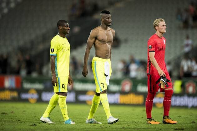 Gent s Mamadou Sylla and Gent s Kalifa Coulibaly shows defeat after a soccer game between Austrian team SC Rheindorf Altach and Belgian club KAA Gent, the return leg of the third qualifying round for the UEFA Europa League competition, Thursday 03 August 2017 in Altach, Austria. The first leg resulted in a 1-1 draw. JASPERxJACOBS  x05143435x