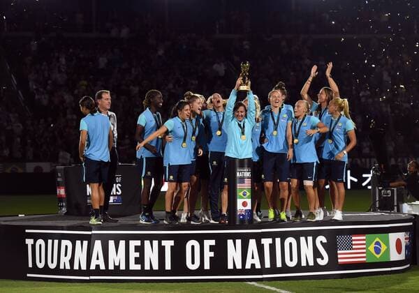 CARSON, CA - AUGUST 03: Australia celebrates after receiving the trophy as winners of the Tournament of Nations during the Tournament of Nations soccer match between USA and Japan on August 03, 2017 at StubHub Center in Carson, CA. USA defeated Japan 3-0, and Australia won the tournament. (Photo by Chris Williams Icon Sportswire) SOCCER: AUG 03 Tournament of Nations - USA v Japan Icon00717080116305 EDITORIAL USE ONLY
