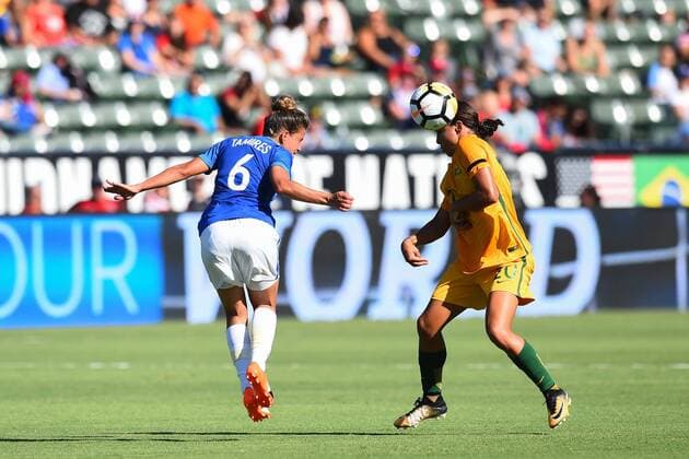 August 3, 2017 - Stubhub Center, California, United States - Carson, CA - Thursday August 03, 2017: Tamires, Sam Kerr during a 2017 Tournament of Nations match between the women s national teams of Australia (AUS) and Brazil (BRA) at the StubHub Center. Tamires, Sam Kerr - ZUMAt139 20170803_zaa_t139_088 Copyright: xBradxSmithx