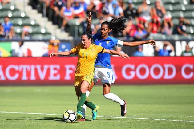 August 3, 2017 - Stubhub Center, California, United States - Carson, CA - Thursday August 03, 2017: Lisa De Vanna, Bruna Benites during a 2017 Tournament of Nations match between the women s national teams of Australia (AUS) and Brazil (BRA) at the StubHub Center. Lisa De Vanna, Bruna Benites - ZUMAt139 20170803_zaa_t139_137 Copyright: xBradxSmithx