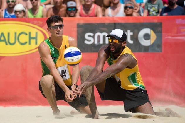 Beach volleyball Beachvolleyball - FIVB World Championships 2017 VIENNA,AUSTRIA,04.AUG.17 - BEACH VOLLEYBALL - FIVB World Championships, men. Image shows Andre Loyola Stein and Evandro Goncalves Oliveira Junior (BRA). GEPAxpictures xMaticxKlansek