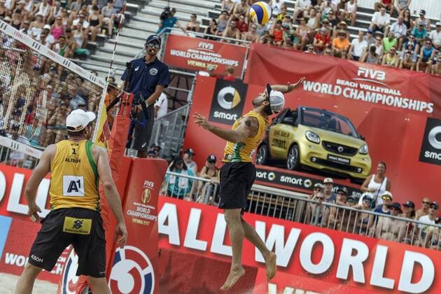 VIENNA, AUSTRIA - AUGUST 04: Bruno Oscar Schmidt of Brazil in action during Day 8 of the FIVB Beach volleyball Beachvolleyball World Championships 2017 on August 4, 2017 in Vienna, Austria. (Photo by Martin Steinthaler Hoch Zwei) Vienna Austria xHOCHxZWEIx