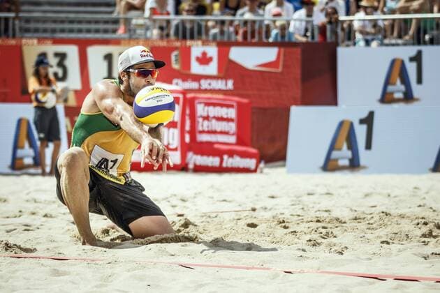 VIENNA, AUSTRIA - AUGUST 04: Bruno Oscar Schmidt of Brazil in action during Day 8 of the FIVB Beach volleyball Beachvolleyball World Championships 2017 on August 4, 2017 in Vienna, Austria. (Photo by Martin Steinthaler Hoch Zwei) Vienna Austria xHOCHxZWEIx