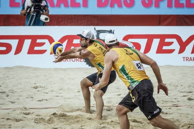 VIENNA, AUSTRIA - AUGUST 04: Bruno Oscar Schmidt and Alison Conte Cerutti of Brazil in action during Day 8 of the FIVB Beach volleyball Beachvolleyball World Championships 2017 on August 4, 2017 in Vienna, Austria. (Photo by Martin Steinthaler Hoch Zwei) Vienna Austria xHOCHxZWEIx