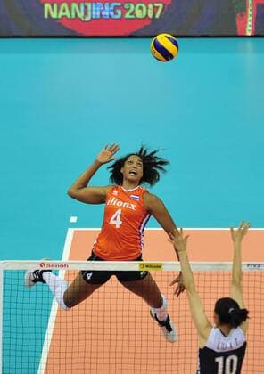 NANJING, CHINA - AUGUST 04: Celeste Plak 4 of Netherlands reacts during the group match of 2017 Nanjing FIVB World Grand Prix Finals between China and Netherlands at Nanjing Olympic Sports Center on August 4, 2017 in Nanjing, Jiangsu Province of China.  Copyright: xVCGx CFP111122803626 