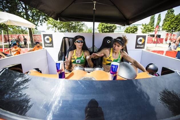 VIENNA, AUSTRIA - AUGUST 04: Talita Da Rocha Antunes and Larissa Franca Maestrini of Brazil seen during Day 8 of the FIVB Beach volleyball Beachvolleyball World Championships 2017 during Day 8 of the FIVB Beach Volleyball World Championships 2017 on August 4, 2017 in Vienna, Austria. (Photo by Michael Kunkel Hoch Zwei) Vienna Austria xHOCHxZWEIx