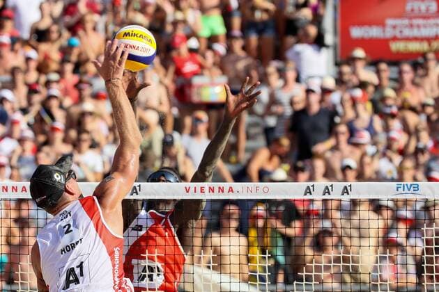 Beach volleyball Beachvolleyball - FIVB World Championships 2017 VIENNA,AUSTRIA,04.AUG.17 - BEACH VOLLEYBALL - FIVB World Championships, men. Image shows Alexander Horst (AUT) and Cherif Younousse (QAT). GEPAxpictures xMaticxKlansek