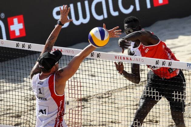 Beach volleyball Beachvolleyball - FIVB World Championships 2017 VIENNA,AUSTRIA,04.AUG.17 - BEACH VOLLEYBALL - FIVB World Championships, men. Image shows Clemens Doppler (AUT) and Cherif Younousse (QAT). GEPAxpictures xMaticxKlansek