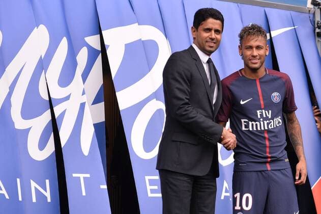 Nasser Al Khelaifi (PRESIDENT PSG) - 10 NEYMAR JR (psg) FOOTBALL : Presentation de Neymar Jr nouvelle recrue du Paris SG - Ligue 1 - 04 08 2017 AnthonyBIBARD FEP Panoramic 