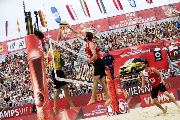VIENNA, AUSTRIA - AUGUST 05: Ben Saxton of Canada in action during Day 9 of the FIVB Beach volleyball Beachvolleyball World Championships 2017 on August 5, 2017 in Vienna, Austria. (Photo by Michael Kunkel Hoch Zwei) Vienna Austria xHOCHxZWEIx