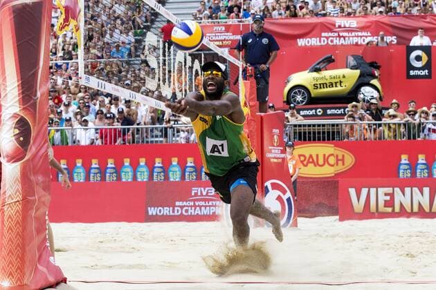 VIENNA, AUSTRIA - AUGUST 05: Evandro Goncalves Oliveira Junior of Brazil in action during Day 9 of the FIVB Beach volleyball Beachvolleyball World Championships 2017 on August 5, 2017 in Vienna, Austria. (Photo by Michael Kunkel Hoch Zwei) Vienna Austria xHOCHxZWEIx