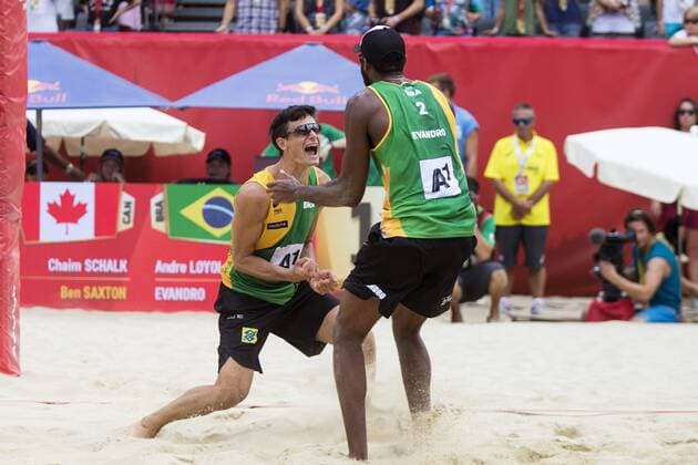 VIENNA, AUSTRIA - AUGUST 05: Andre Loyola Stein and Evandro Goncalves Oliveira Junior of Brazil celebrate during Day 9 of the FIVB Beach volleyball Beachvolleyball World Championships 2017 on August 5, 2017 in Vienna, Austria. (Photo by Michael Kunkel Hoch Zwei) Vienna Austria xHOCHxZWEIx