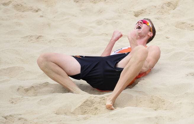 Beach volleyball Beachvolleyball - FIVB World Championships 2017 VIENNA,AUSTRIA,05.AUG.17 - BEACH VOLLEYBALL - FIVB World Championships. Image shows the rejoicing of Christiaan Varenhorst (NED). GEPAxpictures xChristianxWalgram