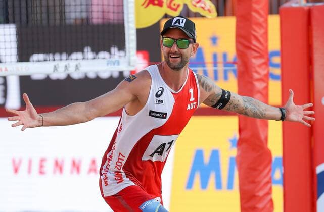 Beach volleyball Beachvolleyball - FIVB World Championships 2017 VIENNA,AUSTRIA,05.AUG.17 - BEACH VOLLEYBALL - FIVB World Championships. Image shows the rejoicing of Clemens Doppler (AUT). GEPAxpictures xChristianxWalgram