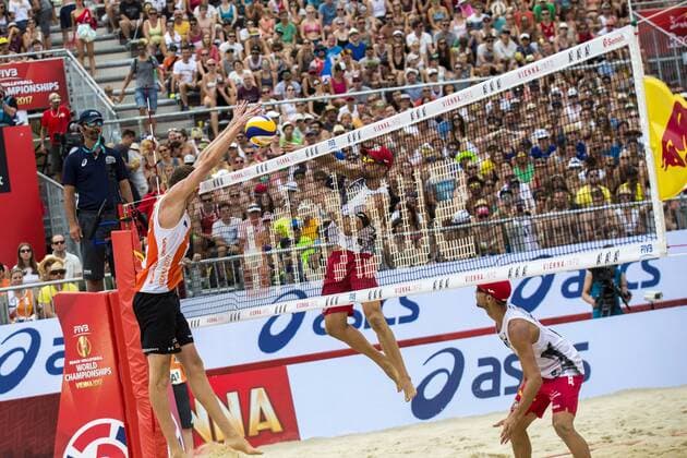 VIENNA, AUSTRIA - AUGUST 05: Christiaan Varenhorst of Netherlands competes against Adrian Gavira Collado of Spain during Day 9 of the FIVB Beach volleyball Beachvolleyball World Championships 2017 on August 5, 2017 in Vienna, Austria. (Photo by Michael Kunkel Hoch Zwei) Vienna Austria xHOCHxZWEIx