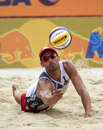 VIENNA, AUSTRIA - AUGUST 05: Pablo Herrera Allepuz of Spain in action during Day 9 of the FIVB Beach volleyball Beachvolleyball World Championships 2017 on August 5, 2017 in Vienna, Austria. (Photo by Mike Ranz Hoch Zwei) Vienna Austria xHOCHxZWEIx