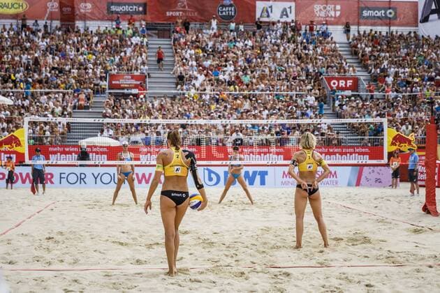 VIENNA, AUSTRIA - AUGUST 05: Kira Walkenhorst and Laura Ludwig of Germany seen during Day 9 of the FIVB Beach volleyball Beachvolleyball World Championships 2017 on August 5, 2017 in Vienna, Austria. (Photo by Martin Steinthaler Hoch Zwei) Vienna Austria xHOCHxZWEIx