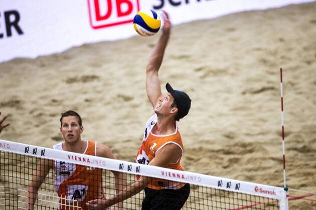 VIENNA, AUSTRIA - AUGUST 06: Maarten Van Garderen of Netherlands in action during Day 10 of the FIVB Beach volleyball Beachvolleyball World Championships 2017 on August 6, 2017 in Vienna, Austria. (Photo by Michael Kunkel Hoch Zwei) Vienna Austria xHOCHxZWEIx
