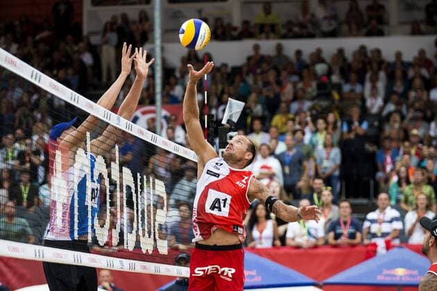 VIENNA, AUSTRIA - AUGUST 06: Nikita Liamin of Russia competes against Alexander Horst of Austria during Day 10 of the FIVB Beach volleyball Beachvolleyball World Championships 2017 on August 6, 2017 in Vienna, Austria. (Photo by Michael Kunkel Hoch Zwei) Vienna Austria xHOCHxZWEIx