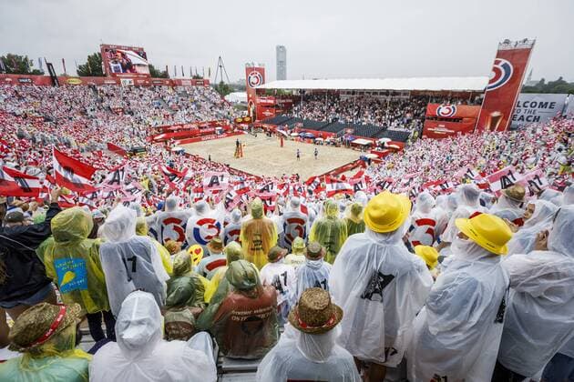 VIENNA, AUSTRIA - AUGUST 06: Center court overview seen during Day 10 of the FIVB Beach volleyball Beachvolleyball World Championships 2017 on August 6, 2017 in Vienna, Austria. (Photo by Martin Steinthaler Hoch Zwei) Vienna Austria xHOCHxZWEIx