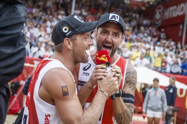 VIENNA, AUSTRIA - AUGUST 06: Alexander Horst and Clemens Doppler of Austria seen during Day 10 of the FIVB Beach volleyball Beachvolleyball World Championships 2017 on August 6, 2017 in Vienna, Austria. (Photo by Martin Steinthaler Hoch Zwei) Vienna Austria xHOCHxZWEIx