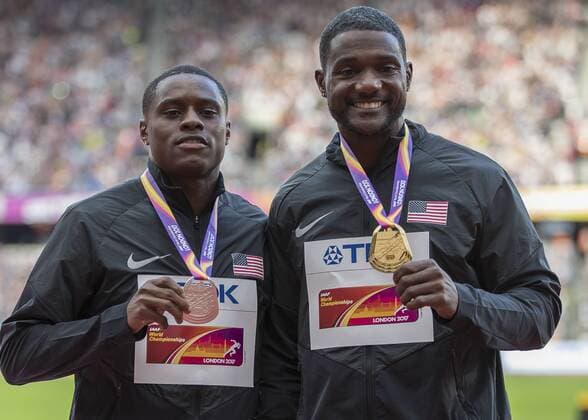 Athletics - 2017 IAAF London World Athletics Championships - Day Three, Evening Session 100m Men s Medal Ceremony Left to right Chris Coleman, Justin Gatlin (United States) with their medals at the London Stadium COLORSPORT DANIEL BEARHAM  csp_WrlAth_d3PM