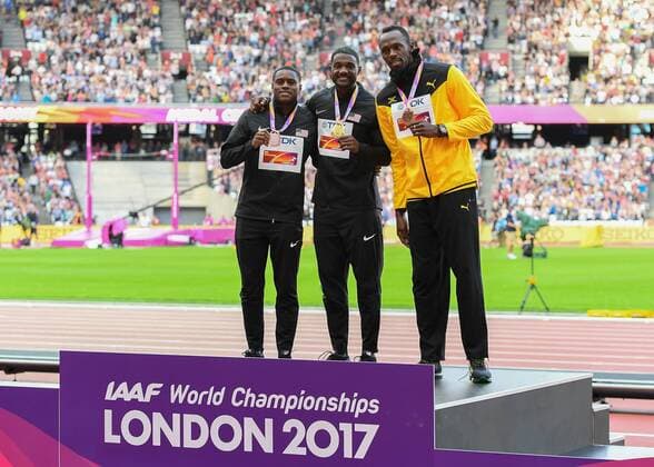 Christian COLEMAN (USA), Justin GATLIN (USA) and Usain BOLT (JAM) on the mens 100m podium during the London 2017 IAAF World Athletic Championship at Queen Elizabeth Olympic Park, London, United Kingdom on 6 August 2017. Copyright: xVincexMignottx 16130294