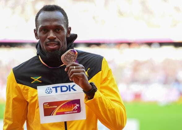 Usain BOLT (JAM) on the mens 100m podium during the London 2017 IAAF World Athletic Championship at Queen Elizabeth Olympic Park, London, United Kingdom on 6 August 2017. Copyright: xVincexMignottx 16130298