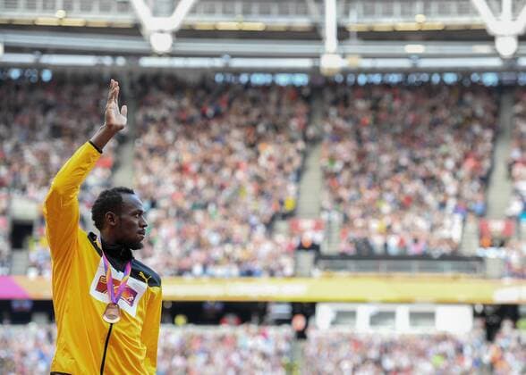 Usain BOLT (JAM) on the mens 100m podium during the London 2017 IAAF World Athletic Championship at Queen Elizabeth Olympic Park, London, United Kingdom on 6 August 2017. Copyright: xVincexMignottx 16130300
