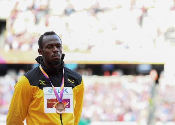 Usain BOLT (JAM) on the mens 100m podium during the London 2017 IAAF World Athletic Championship at Queen Elizabeth Olympic Park, London, United Kingdom on 6 August 2017. Copyright: xVincexMignottx 16130303